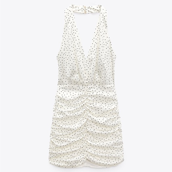 NEW Zara Satin Draped Black & White Polka Dot Halter Dress with Ruched Bottom - Picture 6 of 14